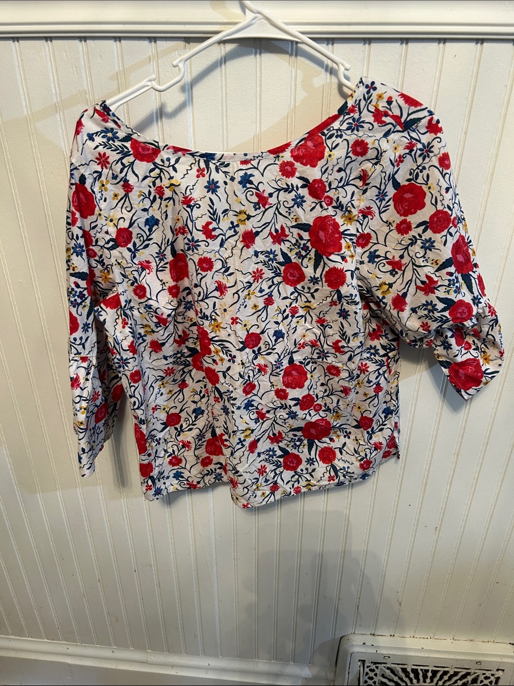 J. Crew White Floral Boatneck Blouse with Red and Blue Print